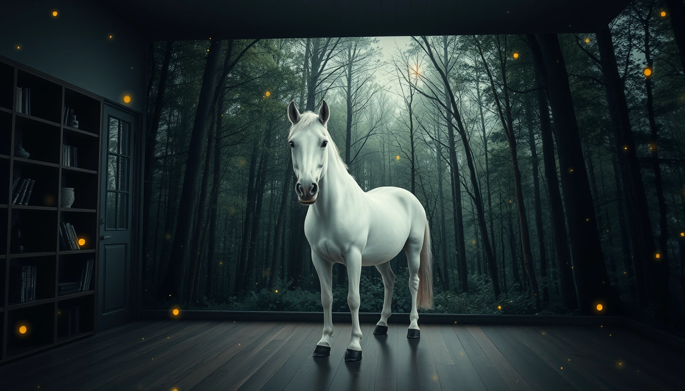 A white horse is in the room, surrounded by fireflies; the room and the forest merge as one, in a realistic style.