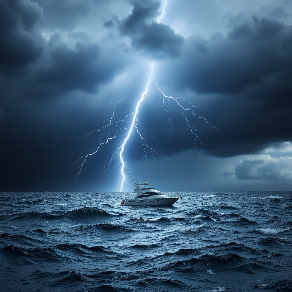 The image shows a small yacht on a sea with rough waves. The sky is covered with dark storm clouds, creating a gloomy atmosphere. At the center of the image, lightning strikes fiercely, illuminating the yacht and creating a very dramatic effect. The flash of lightning emphasizes the silhouettes of the waves and the yacht, adding to the tension. The contrast between the dark sky and the bright light of the lightning visually expresses the intense power of nature, intertwined with the rough waves of the sea. In this image, one can sense the challenges and dangers of the external environment, as well as the small and fragile existence of humanity within it.