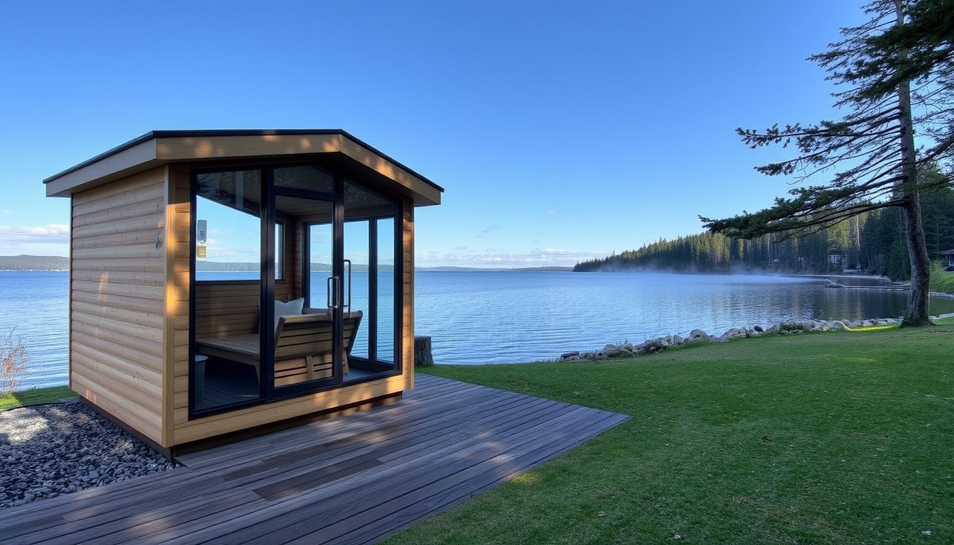 A peaceful lakeside retreat with a glass-fronted sauna overlooking the water. - Image