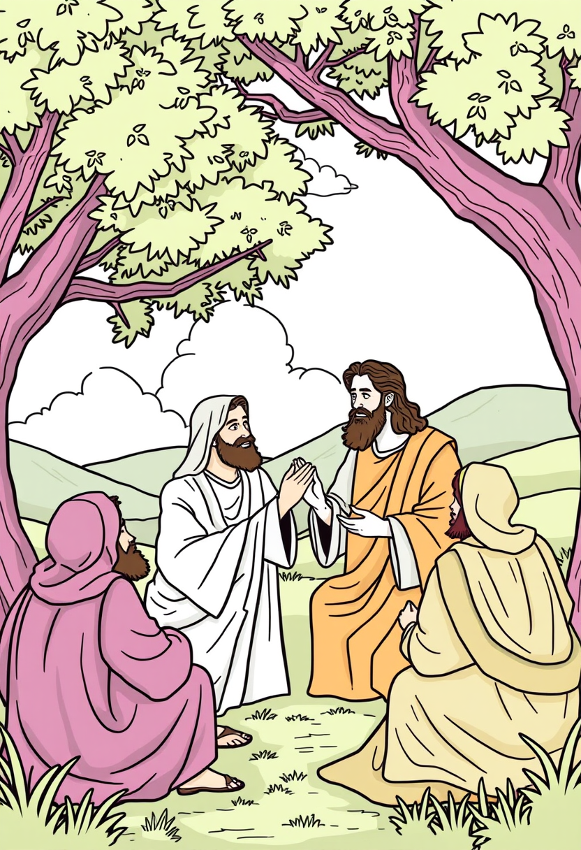 Create an image of Jesus with his twelve disciples, sharing a moment of teaching and fellowship in a serene outdoor setting. A coloring book page, cartoon style, thick lines, low details, no shading.