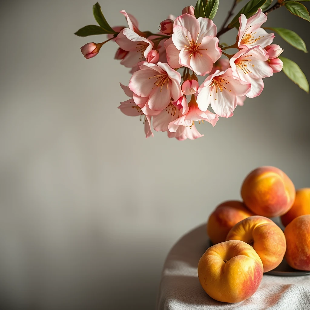 An image with peach blossoms in full bloom toward the top, luscious peaches in gold tones placed on a table toward the bottom right, and ample space on the left for text. The overall mood and tone of the image sufficiently captures the mood of autumn.