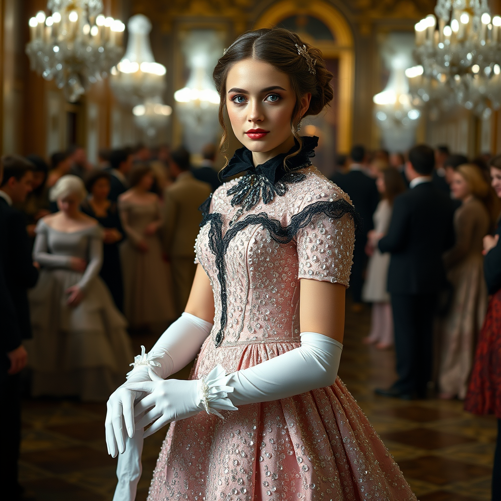 Young lady, she is wearing a pearl pink gown covered in billions of shiny crystals, with black velvet lace around her neck, white long gloves, glass shoes, and her hair pulled up. She is entering a palace ballroom full of people. The image has a depth of field, gray eyes, set in the 1700s. She has perfect hands, a perfect face, and perfect eyes. The photograph is realistic, in 8K quality, and set in England. - Image