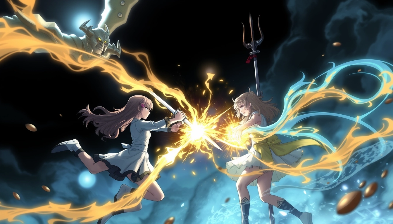 2 girls fighting, magical, dark, and gold magic, 1 god watching from above, trident, swords.