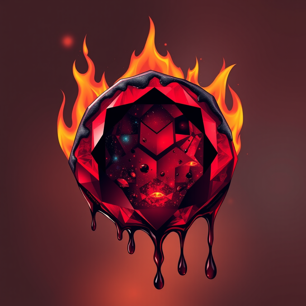 A tee shirt design of a beautiful ruby on fire with beautiful liquid red ruby dripping with flames. The ruby has black char all over it and subtle colorful embers burning in the ruby. Inside of the ruby should be reminiscent of beautiful galaxies perfectly blended with chaos. Striking and otherworldly on a transparent background.