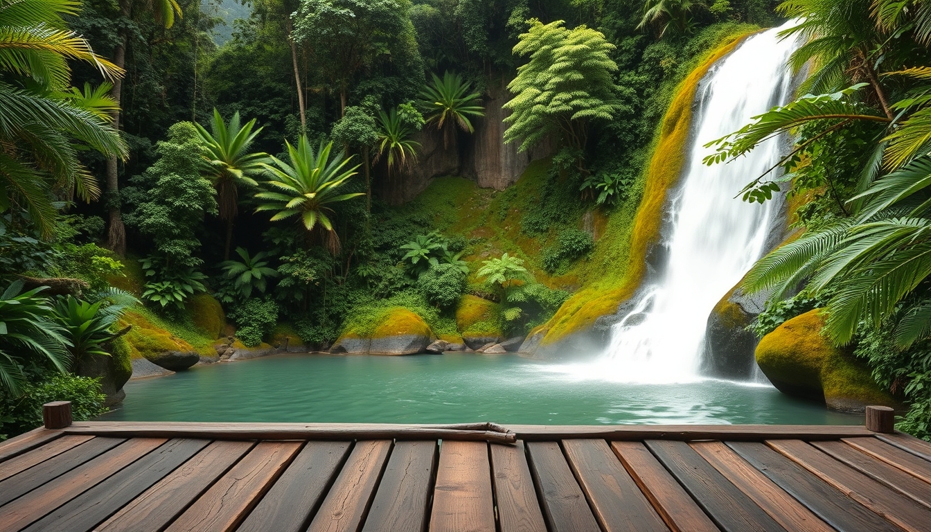 Wooden Platform With Waterfall Background in Lush Rainforest