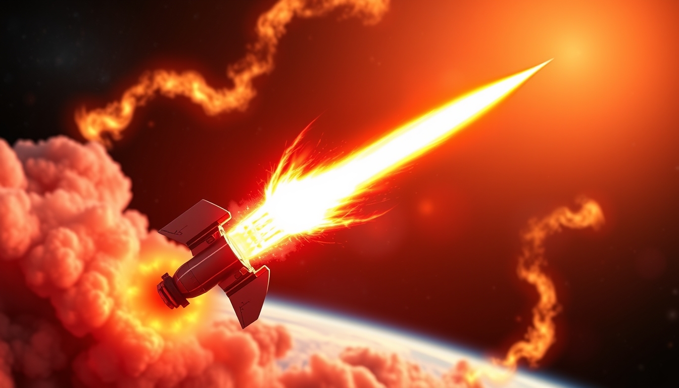 Photo of a rocket weapon launching into space with vibrant colors and intense energy