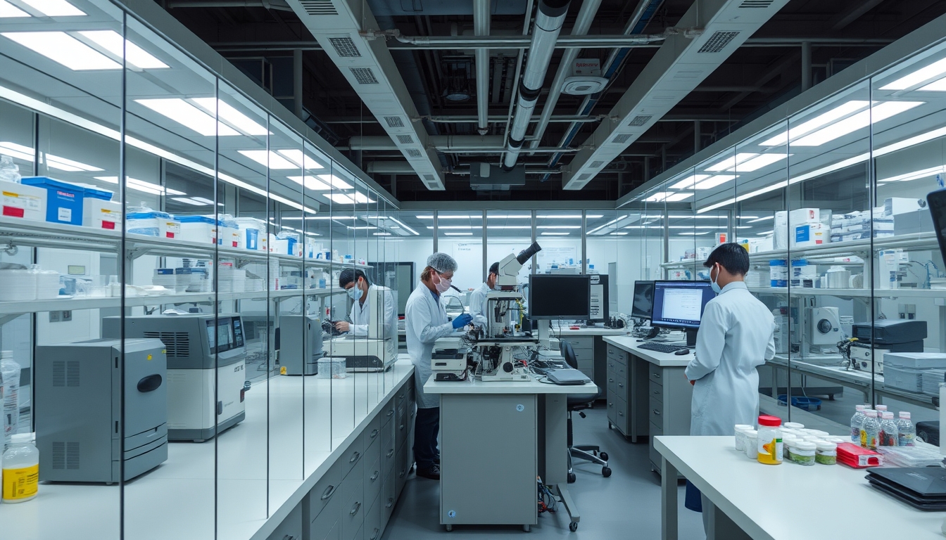 A high-tech laboratory with glass walls and advanced equipment, scientists at work.