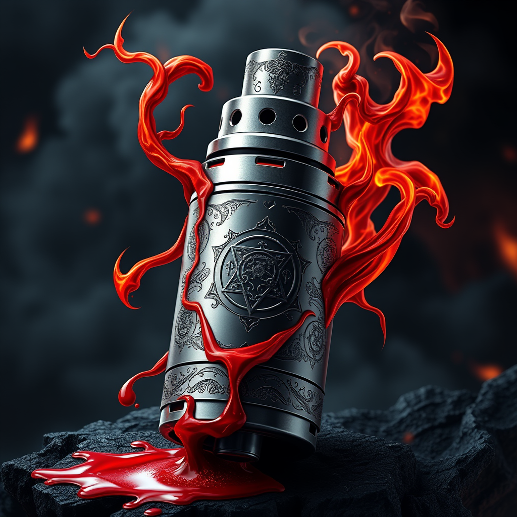 Hyper-realistic logo design for DoomVapes: Intricately detailed metallic vape tank, engraved with infernal motifs. Hellfire wisps curl around the device. Blood-red liquid seeps through cracks. Chthonic symbols etched on sleek surface. Backdrop of brimstone and shadow. Oppressive, foreboding atmosphere. - Image