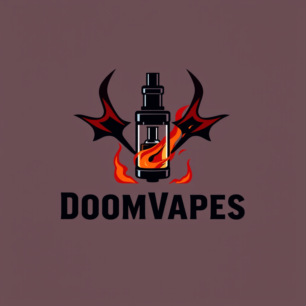 Sleek, minimalist logo design for DoomVapes featuring a stylized vape tank engulfed in ethereal, crimson flames. Infernal aesthetics blend with modern simplicity. Geometric shapes evoke demonic symbolism. Bold, sans-serif typography in obsidian black. Balanced composition with negative space suggesting otherworldly vapors. - Image