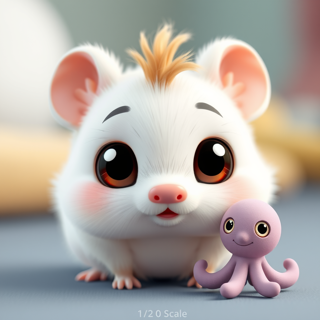 A cute white hamster with big eyes and a pink nose and pouty lips, and a smaller, cuter mauve octopus; cute characters in 1:2 scale; three-dimensional 3D animation. - Image