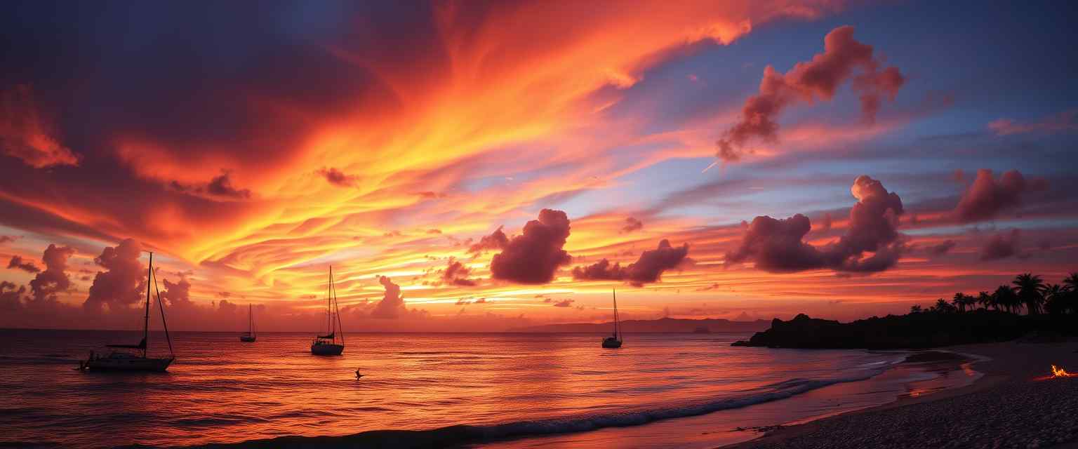 Dramatic, fiery sunset, colorful clouds, silhouettes, high quality, photorealistic, tranquil, evening sky, reflection, serene, coastal, panoramic, breathtaking::0.7 sailboats, palm trees, beachside bonfires, coastal cliffs, seashells, peaceful waves, seagulls. - Image