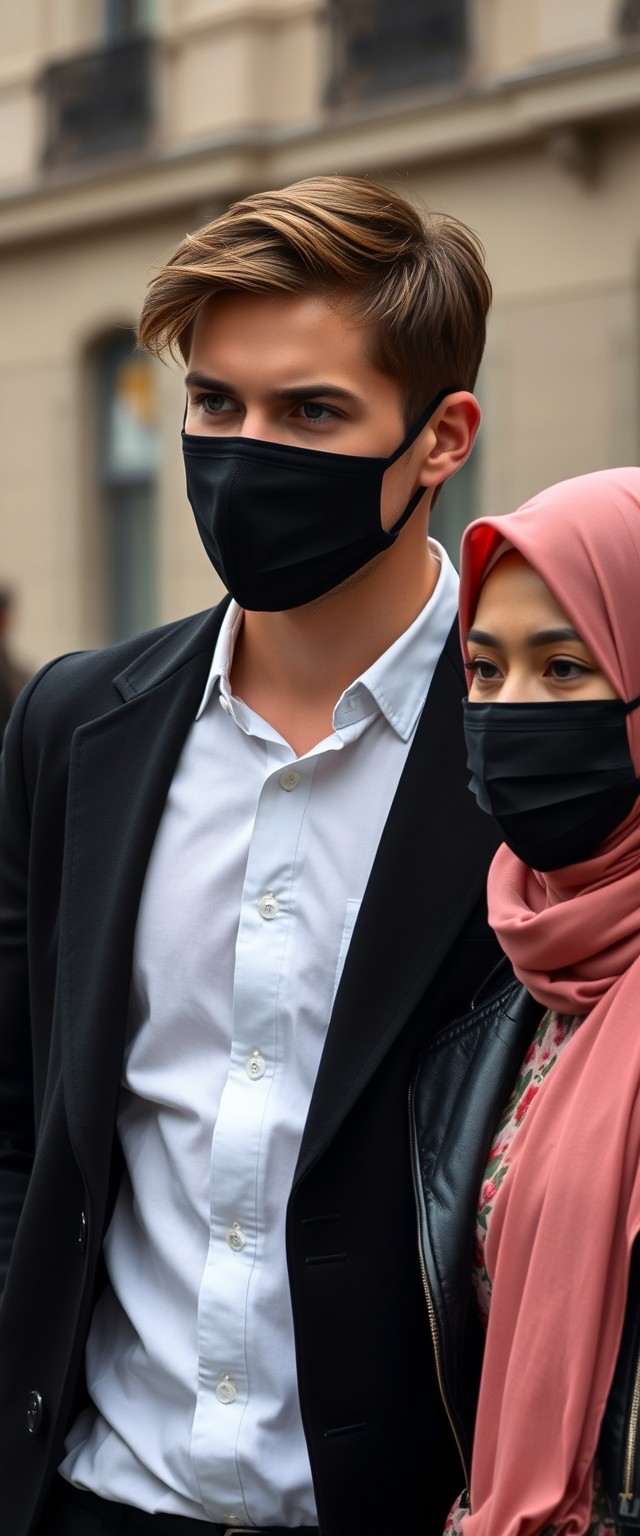 Jamie Dornan's head and body shot, handsome, young, face mask black, white shirt half buttoned, black coat suit, dating love with the biggest soft pink hijab girl, beautiful eyes, black leather jacket, face mask black, biggest floral skirt, hyper-realistic, street photography.