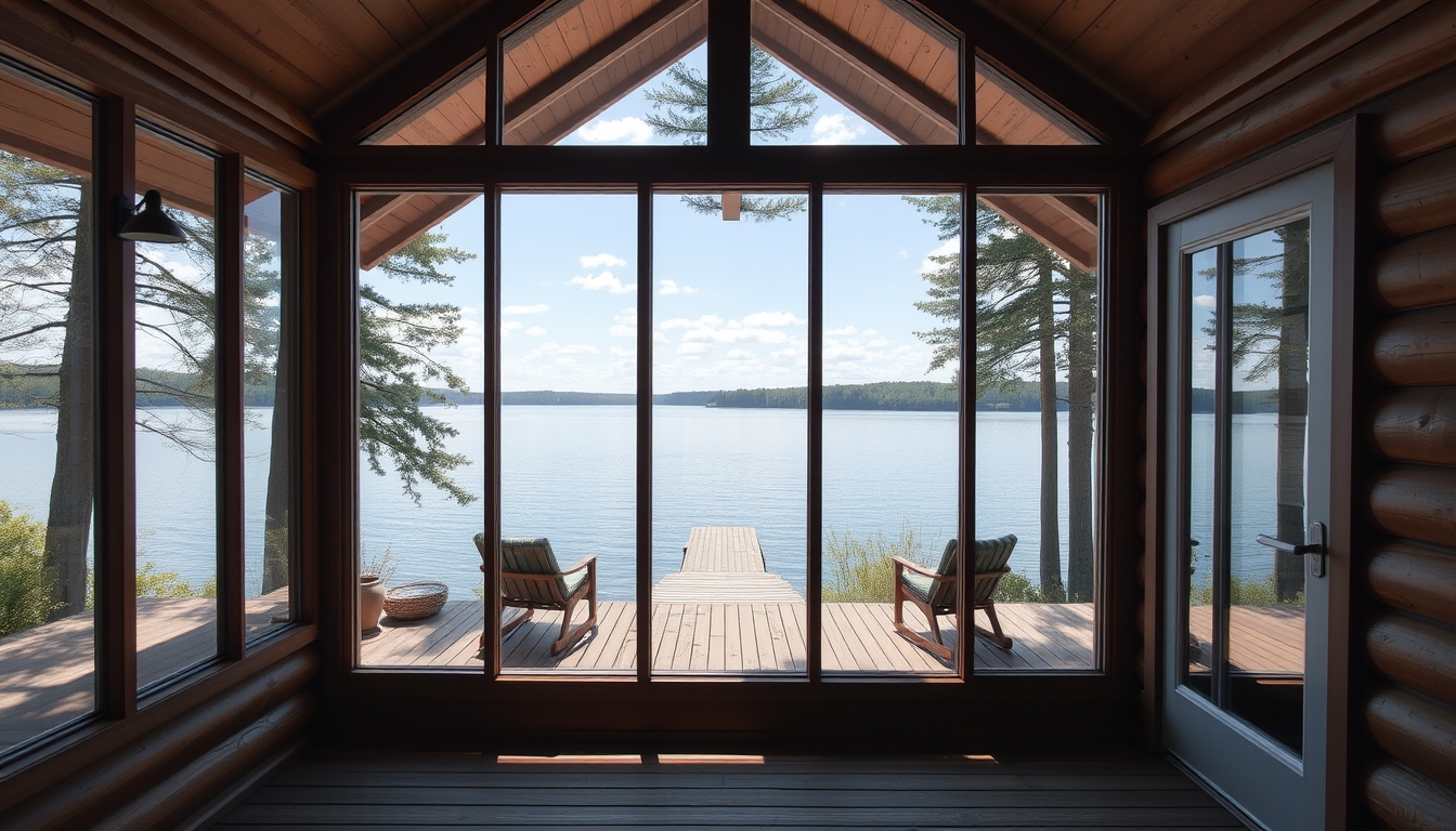 A serene lakeside cabin with a glass front, offering an unobstructed view of the water. - Image