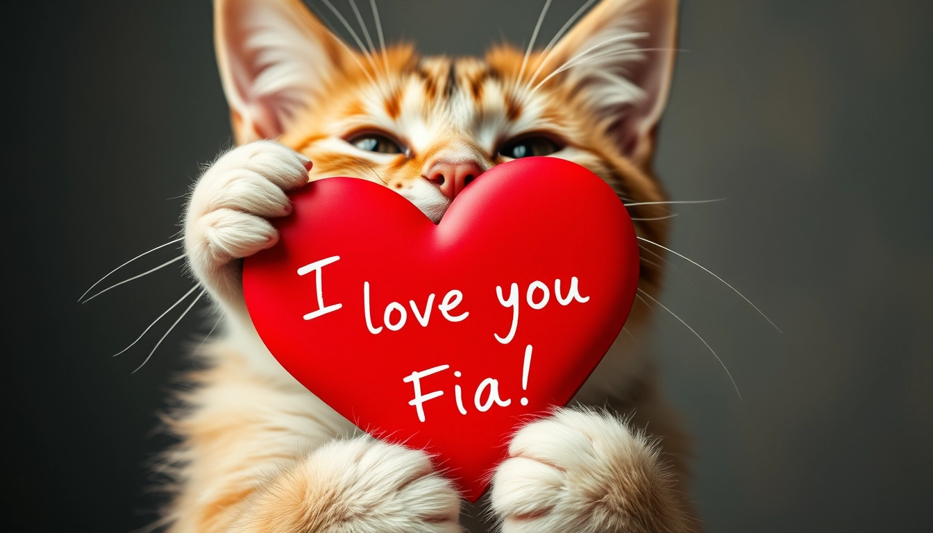 A cat holding a heart on which it is written "I love you Fia!"