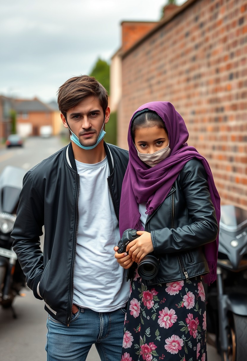 Jamie Dornan and Freddie Prinze head and body shot, handsome, young, serious face, dark brown hair, white t-shirt, collage jacket, skinny jeans, sneakers, standing, talking to each other with a small Muslim girl wearing a purple hijab, beautiful eyes, face mask, black leather jacket, largest floral skirt, holding a Canon DSLR camera, near a town road, superbike, hyper-realistic, street photography, brick wall, full body photo. - Image