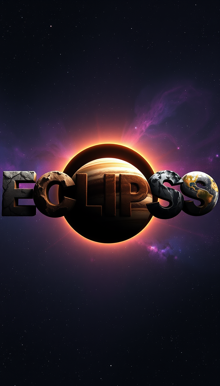 Main Character: The word "ECLIPSE" formed entirely from a diverse arrangement of terrestrial and gas planets. Each letter is represented by a unique and distinct planet, showcasing the incredible variety and beauty of celestial bodies. The terrestrial planets, representing the letters E, C, L, I, P, and S, are rocky and varied in appearance, with craters, mountains, and diverse geological features. The gas giant representing the letter E is a swirling mass of vibrant colors and atmospheric turbulence.  
Background: The background is the infinite expanse of deep space, a canvas of twinkling stars and distant galaxies. Nebulae in vibrant hues of purple, blue, and pink add depth and a sense of cosmic wonder. The darkness of space provides a stark contrast to the illuminated planets, making them stand out dramatically.  
Visual Style: The visual style should be photorealistic, resembling images captured by powerful telescopes, showcasing the awe-inspiring beauty and grandeur of space. The planets should be rendered with incredible detail, highlighting their unique textures, atmospheres, and features. The lighting should be dramatic, with the light from a nearby star casting long shadows and illuminating the planets in a way that emphasizes their three-dimensional form. The overall tone should be one of wonder, awe, and the vastness of the universe. - Image