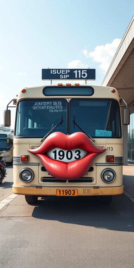 Surreal and whimsical image featuring a vintage bus parked at a bus station. The bus has a cream-colored exterior with a slightly weathered look, and the number '1903' is displayed on the front. The most striking feature is the large, exaggerated set of lips and teeth superimposed on the front of the bus, giving it a cartoonish and humorous appearance. The bus station has a covered area with a high roof, and there are other buses and motorcycles visible in the background. The bus destination sign reads 'ISUEP SIP 135' in white text on a black background. The overall scene is bright and clear, with a blue sky and some clouds visible.