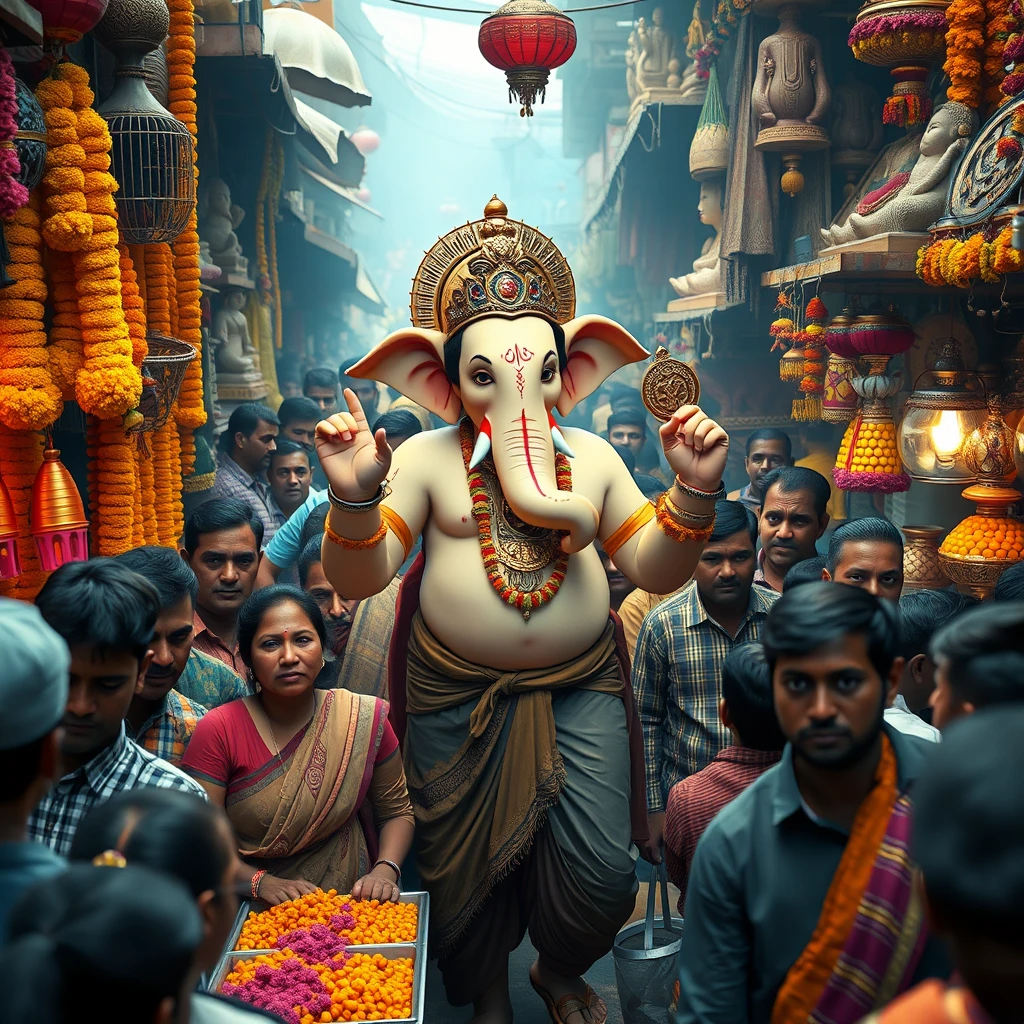 Create a 4K image using Unreal Engine, depicting Lord Ganesha as a real human god in the midst of a dense, bustling Indian market. Ganesha should be the same height as the surrounding people, blending seamlessly into the crowd, yet his divine presence subtly stands out. He is dressed in a blend of traditional dhoti and modern attire, with his human-like features reflecting a calm and joyful demeanor.

The market is alive with vibrant stalls selling marigold garlands, clay idols, sweets, and colorful decorations. The air carries a hint of dust, adding a layer of realism to the scene. People around him are frozen in a moment of surprise and awe, some smiling, others wide-eyed as they recognize the god among them. The vibrant colors of the market, the rich textures, and the interplay of light and shadow should be rendered in stunning detail, capturing the essence of an authentic Indian market with a touch of the divine.

Include subtle details like Ganesha reaching out for fresh flowers, examining the finest modaks, while the vendors and shoppers are caught off guard, their expressions a mix of reverence and disbelief. The overall atmosphere should be a blend of the divine and the everyday, creating a captivating and immersive scene.