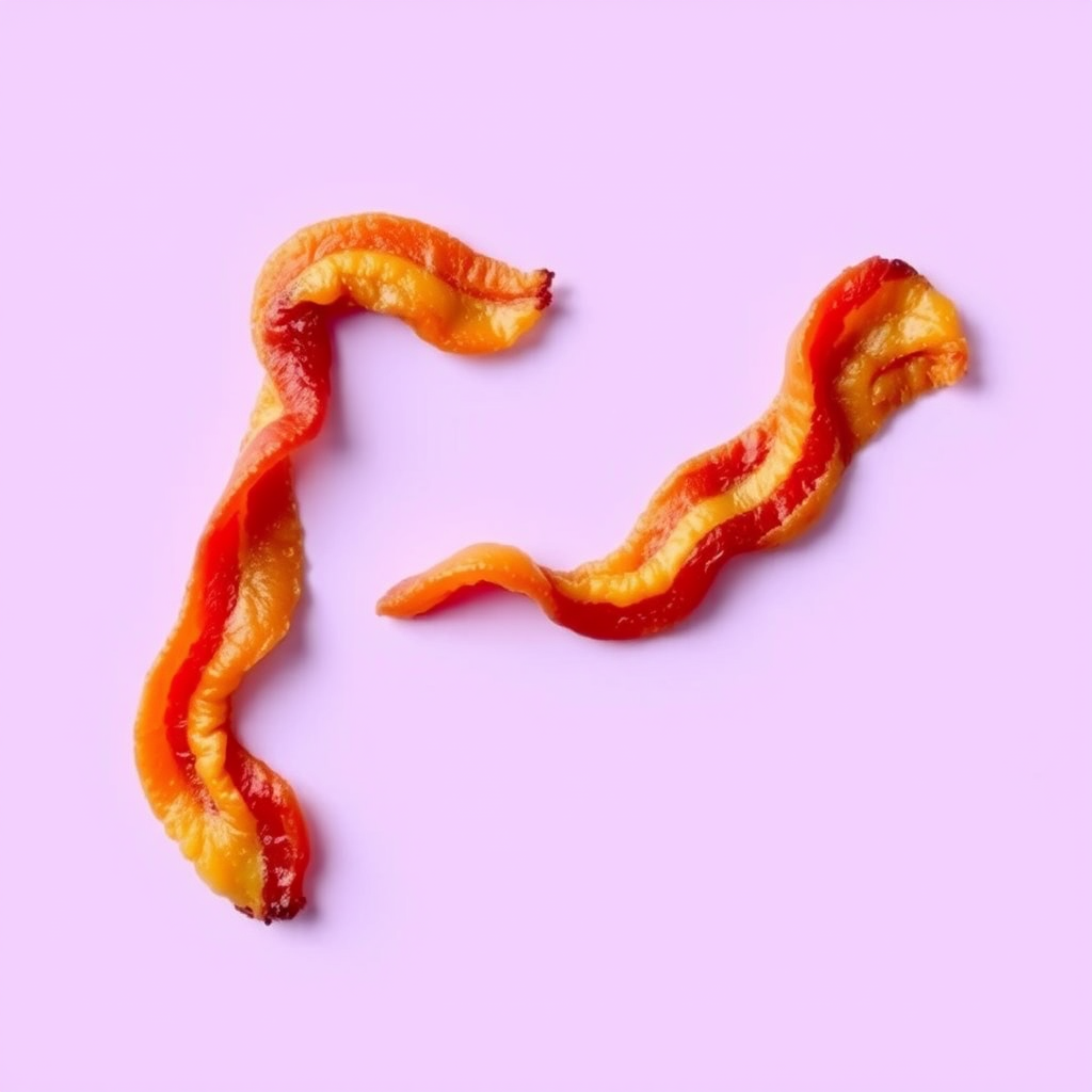 A letter "F" made of fried bacon on a light purple background, realistic photograph. - Image