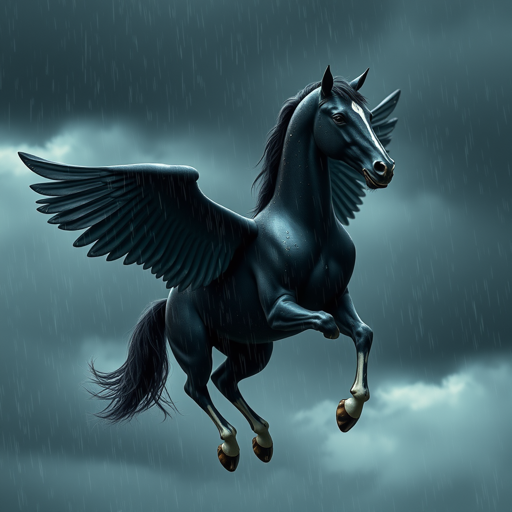 "A black Pegasus flying in the rain among dark clouds. Raindrops are flowing down the Pegasus's face and body. White bones are exposed on its chest, legs, wings, neck, and face. Photography. Side view." - Image