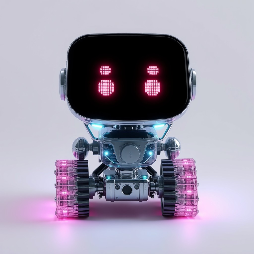 Cute aesthetic, a (small and cute semi-transparent triangular tracked robot) with an LED screen face, emoticon, stunning unreal engine render, intricate details, Simple Background.