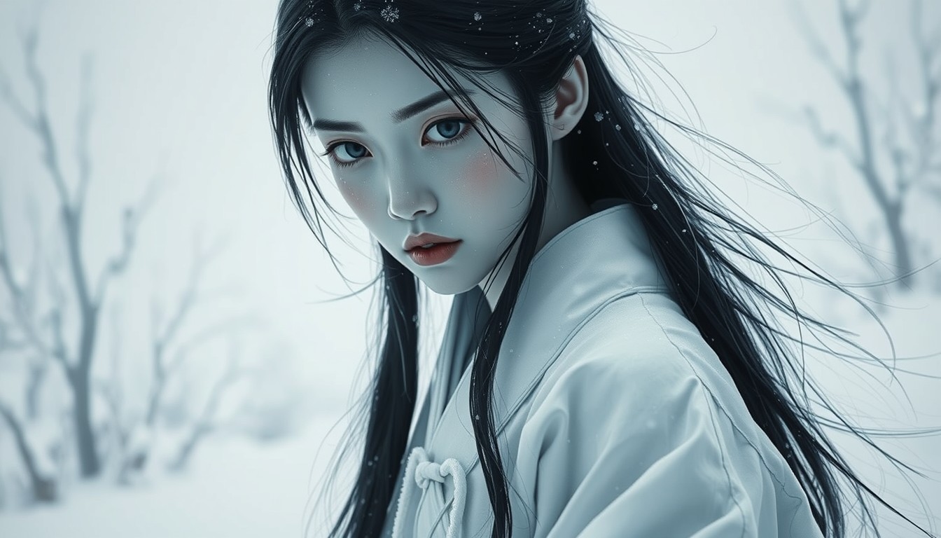 A masterpiece, the best quality, extremely detailed and beautiful, fantasy, realism. A snow woman, an Asian beauty, with a beautiful face and skin as white as snow, without a single flaw. Her face is cold and expressionless, giving off a frosty vibe. Her eyes are large and deep, a deep blue. Her gaze reveals a mysterious and cold temperament. Her hair is jet black and long, cascading over her shoulders and flowing in the wind. She wears a pure white traditional Japanese kimono. The kimono's texture is light and seems to merge with her body. A white belt cinches her waist. The background depicts a snow-covered landscape, with faint glimpses of some withered trees. A horror style. - Image