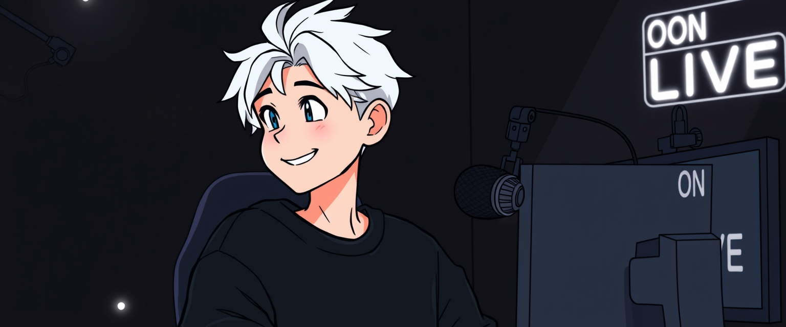 Image like a drawing of a boy with white hair, smiling in a black sweatshirt in a gaming setup with bright lights in front, looking at two monitors with black screens in a black room with few white neon lights and a small white sign that says ON LIVE in the upper right corner, with a podcast-type microphone and a camera on top of a monitor to his right.