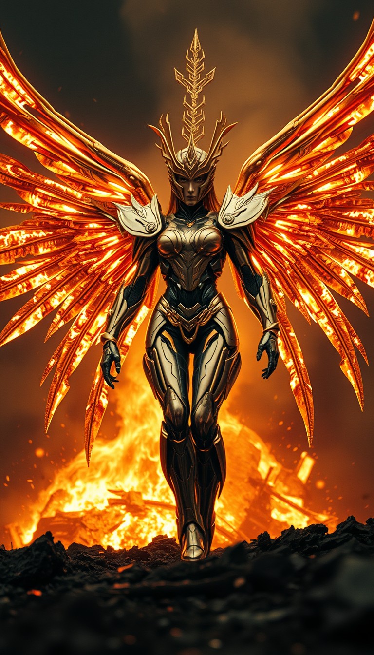 Cinematic shot of a cyborg female battle angel rising from ashes, golden regal Valkyrie armor, futuristic, standing on a battlefield, movie scene, film grain, realistic, shot from below, dark lighting.