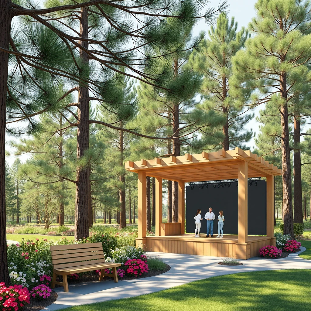 "Generate an image where a small pergola library harmonizes with flowering plants under a pine forest.

Under the pine forest, there are several pine trees planted, and under their shade, draw the pergola library along with a bench beside it. Also, include a stage integrated with the pergola library where people are participating in an event."