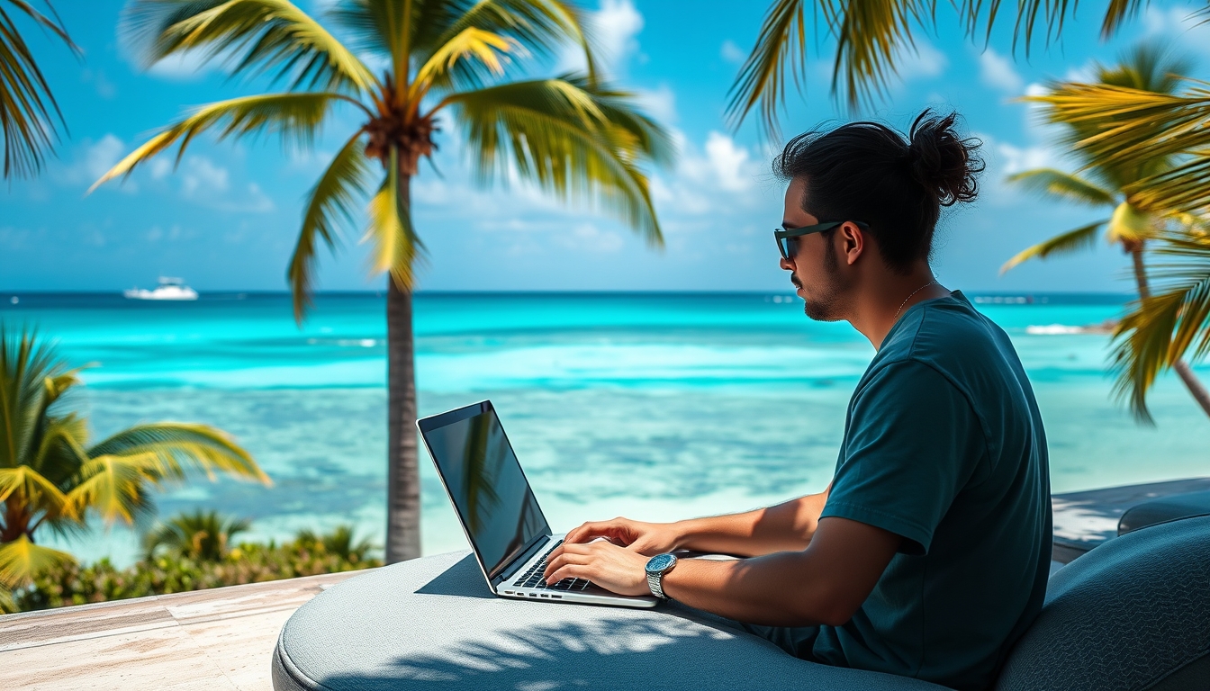 A digital artist working on a laptop in a tropical location, with the ocean in the background, emphasizing the freedom of remote work.