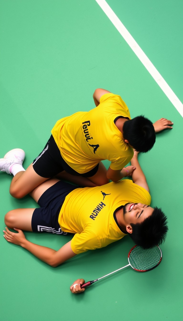 A Taiwanese men's badminton doubles athlete, at the moment of victory on the court, one player is kneeling down lying on the ground, while the other is joyfully lying on the ground, captured from an aerial view, wearing yellow jerseys. - Image