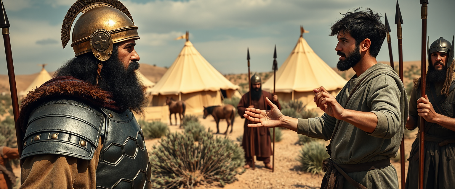 Create a scene of two men standing apart and arguing while four spear-men gather next to the man on the left. The man on the right is dressed in a simple shepherd's tunic and is a young Jewish man; his arms are stretched out to the sides, and he looks shocked with dark, messy, unkempt hair and a beard, staring sternly at the left eye of the other man. The man on the left is a middle-aged Jew, has a black Jewish beard, and is wearing a full suit of biblical-era leather lamellar armor and a brass conical helmet with a pointed tip. In the background, there are Arabic army tents pitched on desert shrub land. The overall mood of the image is one of anxiety and concern. - Image