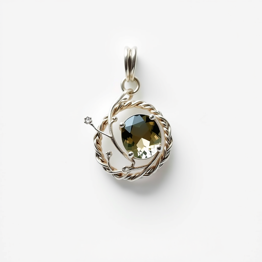 organic silver charm with imperial topaz braided with branches with clasp. white background. Realistic, hyperrealism, photography, natural, dimmed light, pale, lightbox, the effect of subject photography in a photo studio, sharp image, soft light, soft shadows, 4K - Image