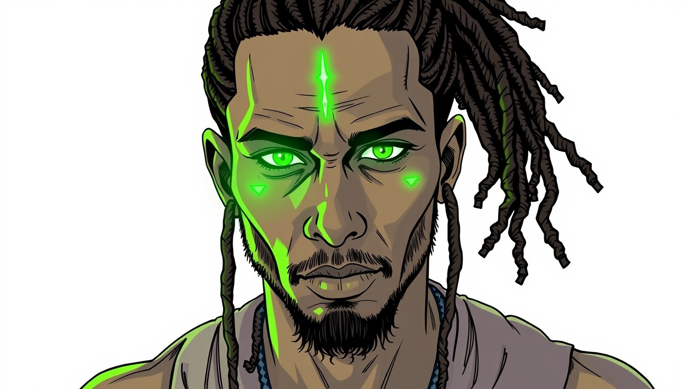 A guy with dreadlocks in a ponytail, ancient green strong glowing signs on his face, art, procreate, front view, hand-drawn, illustrated art --v 5.0 - @eilonpe (fast)