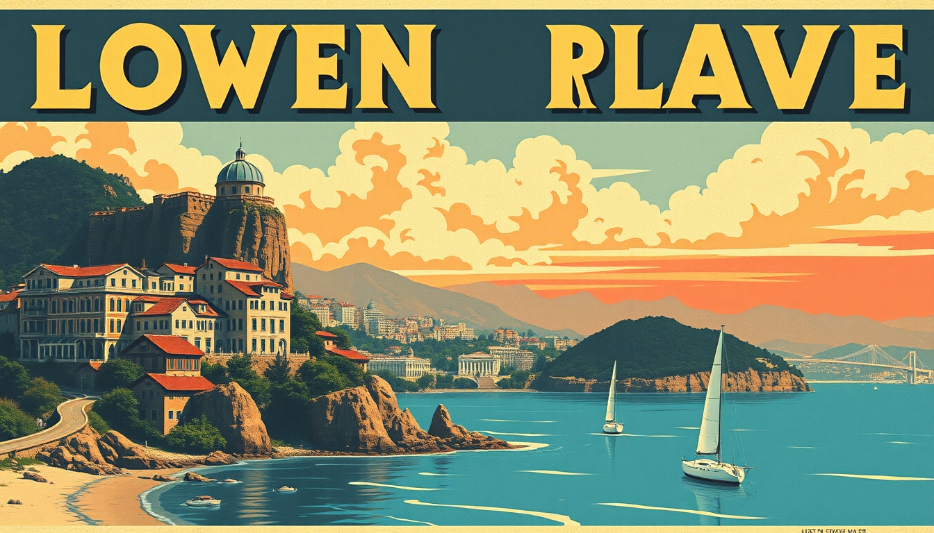 A stylized, retro-inspired travel poster featuring a picturesque destination, with bold typography and vibrant colors. - Image