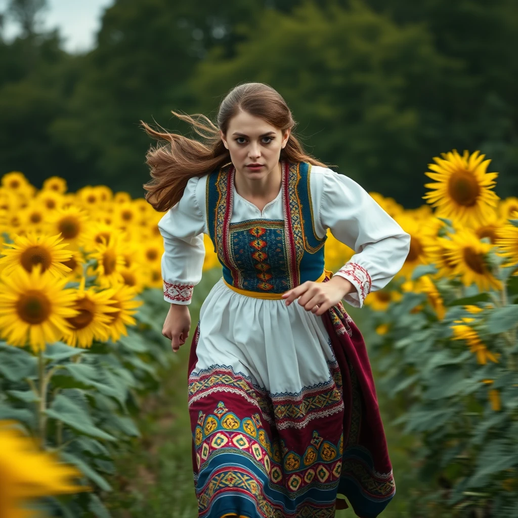 A Ukrainian woman running forward to the camera in a sunflower field, (Ukrainian costume: 1.4), style by Rick Remender, motion blur, action, full body, award-winning work.