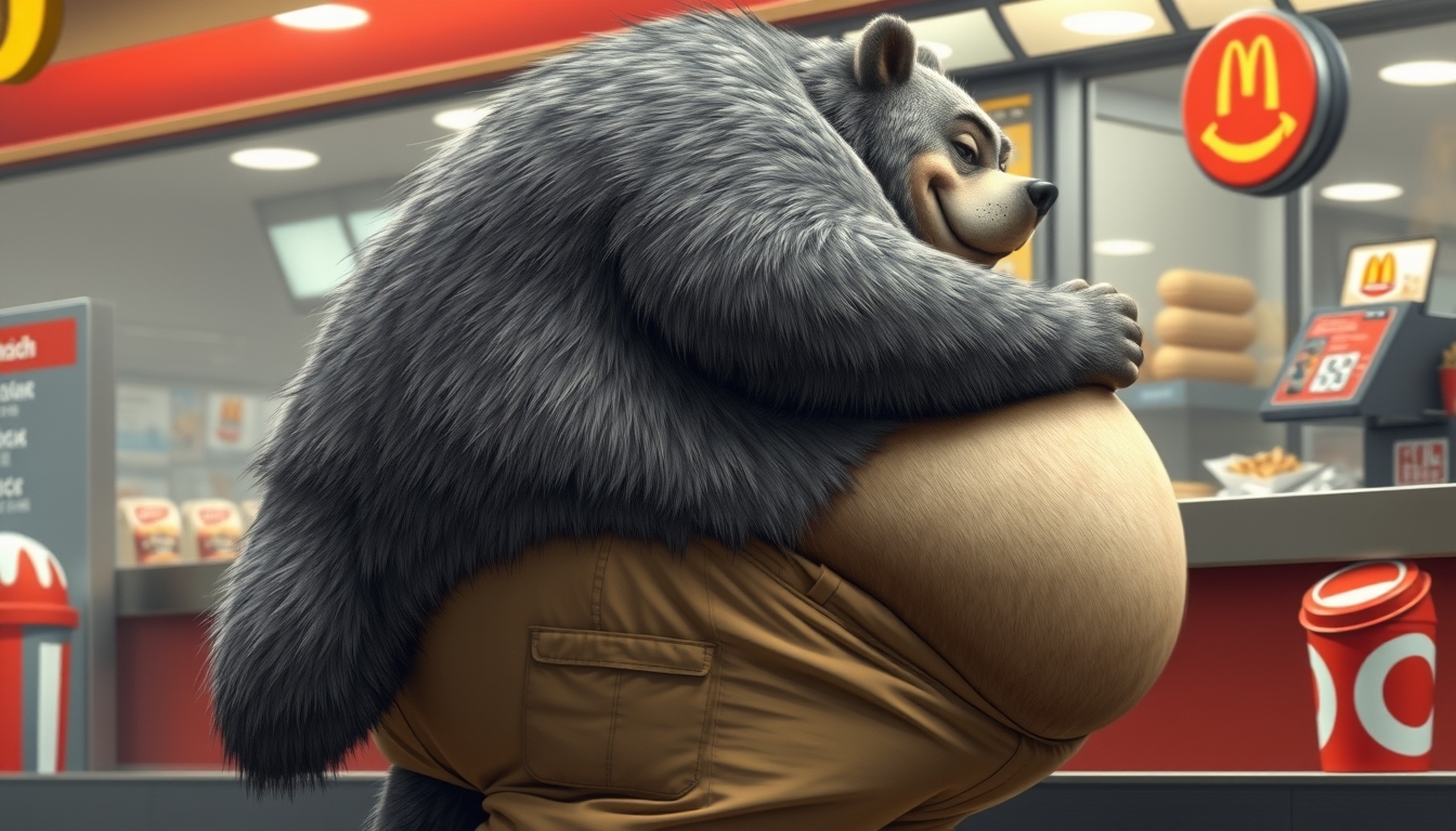 quarter view, anthropomorphic obese gray bear wolf hybrid, blended features. gray and black fur with tan and white fur markings. he has a heavyset body. wide fat bottom. fat wide double chins. tan obese big fat baggy cargo pants. obese double belly overflowing. wide waist. thick tail. huge ass. full body. uncropped. fluffy fur. ordering food from a fast food restaurant. digital art, semi-realistic.