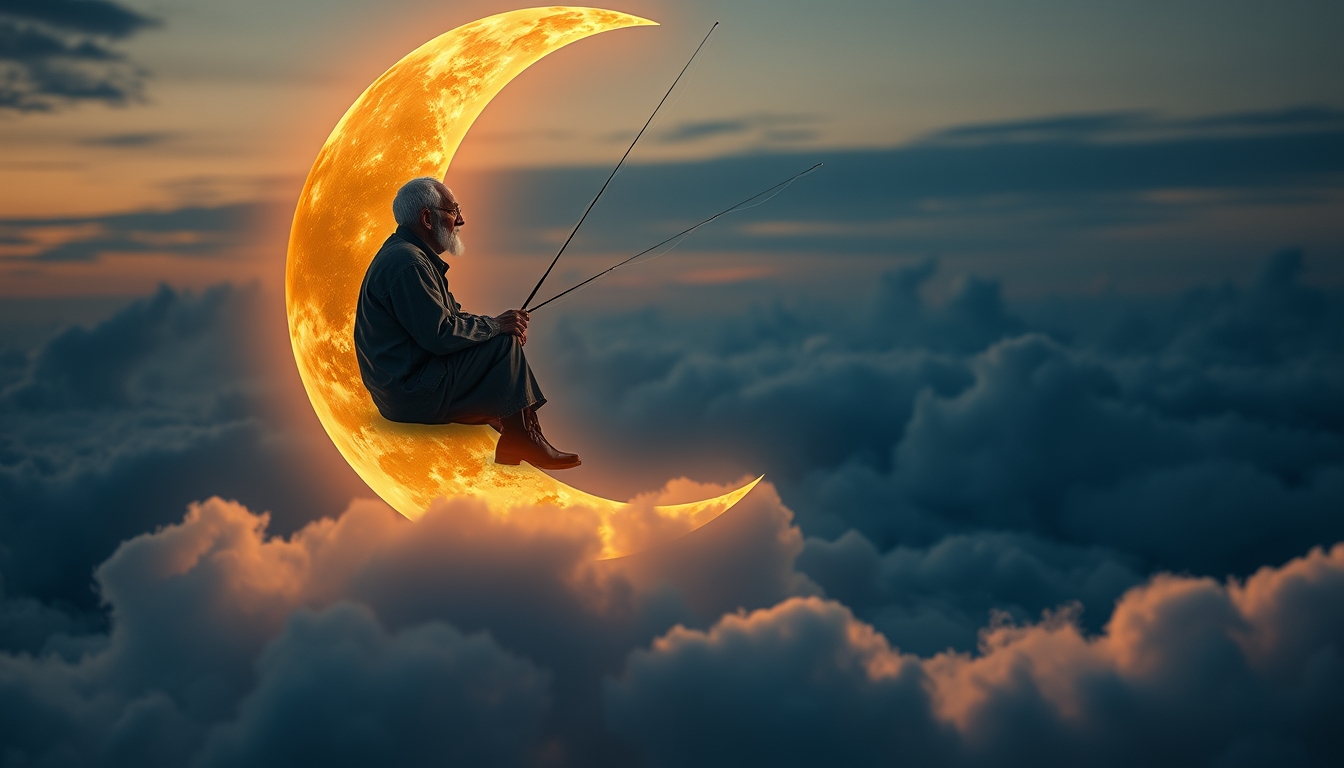 An old man sits serenely on a crescent moon, (fishing among the clouds:1.4). The scene has an evening, tranquil atmosphere. It’s dreamy and whimsical. deep depth of field, photography, Natural geographic photo, Hyper-realistic, 16k resolution, (masterpiece, award winning artwork), many details, extreme detailed, full of details, Wide range of colors, high Dynamic.