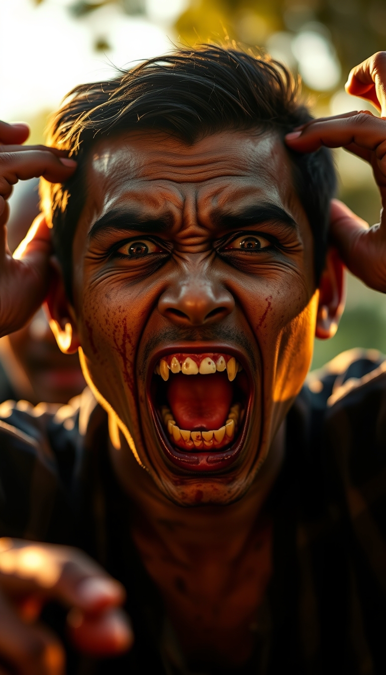 Malay guy demonic possession scene, exorcism horror style, intense expressions. Shadow casting, golden hour, bokeh, zombie face, haunted face, intricate detail, sharp teeth.