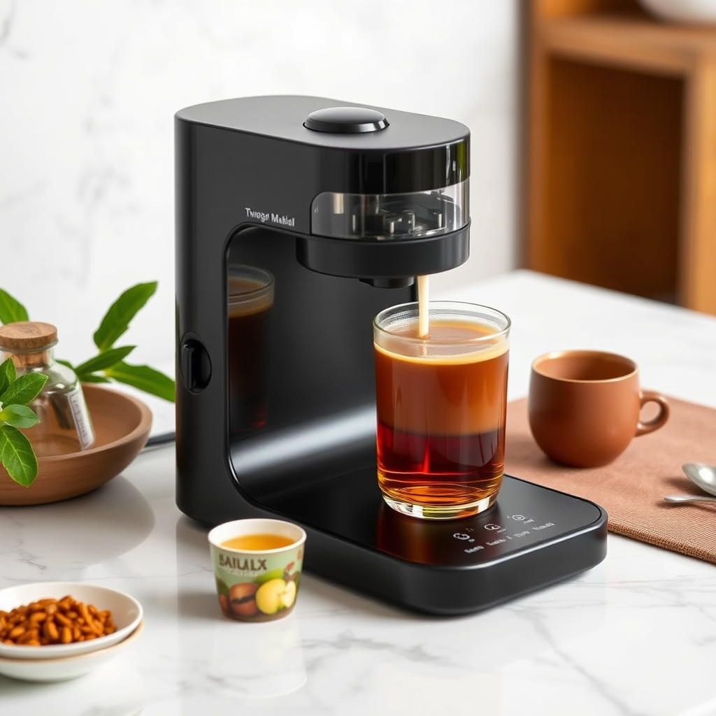 The sleek and smart-looking tabletop is a portable, personalized Indian-type small batch tea-making machine with controls for masala flavor customization and milk proportions, boiling to perfection, making the whole process visible with see-through styling, easy to clean, and maintaining hygiene.