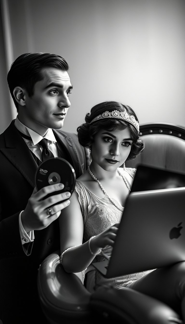 Hyper Realistic silent film, black-and-white film showcases a couple from the 1920s, engaging in dramatic poses characteristic of that period. They are dressed in vintage 1920s attire and makeup. Both individuals are fascinated by contemporary media devices; the man is holding a DVD and a Blu-Ray, looking amazed, while the woman is entranced by the display on her MacBook Pro.