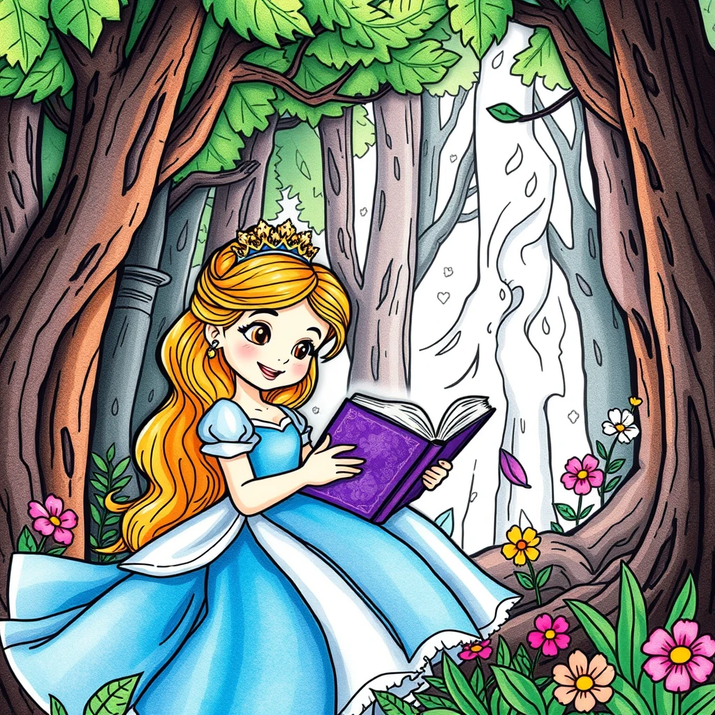 a coloring book cover, a princess reading a magical book in the forest, half mono and half color, in watercolor style, cartoon style, thick lines, low details, vivid colors --ar 16:9 - Image