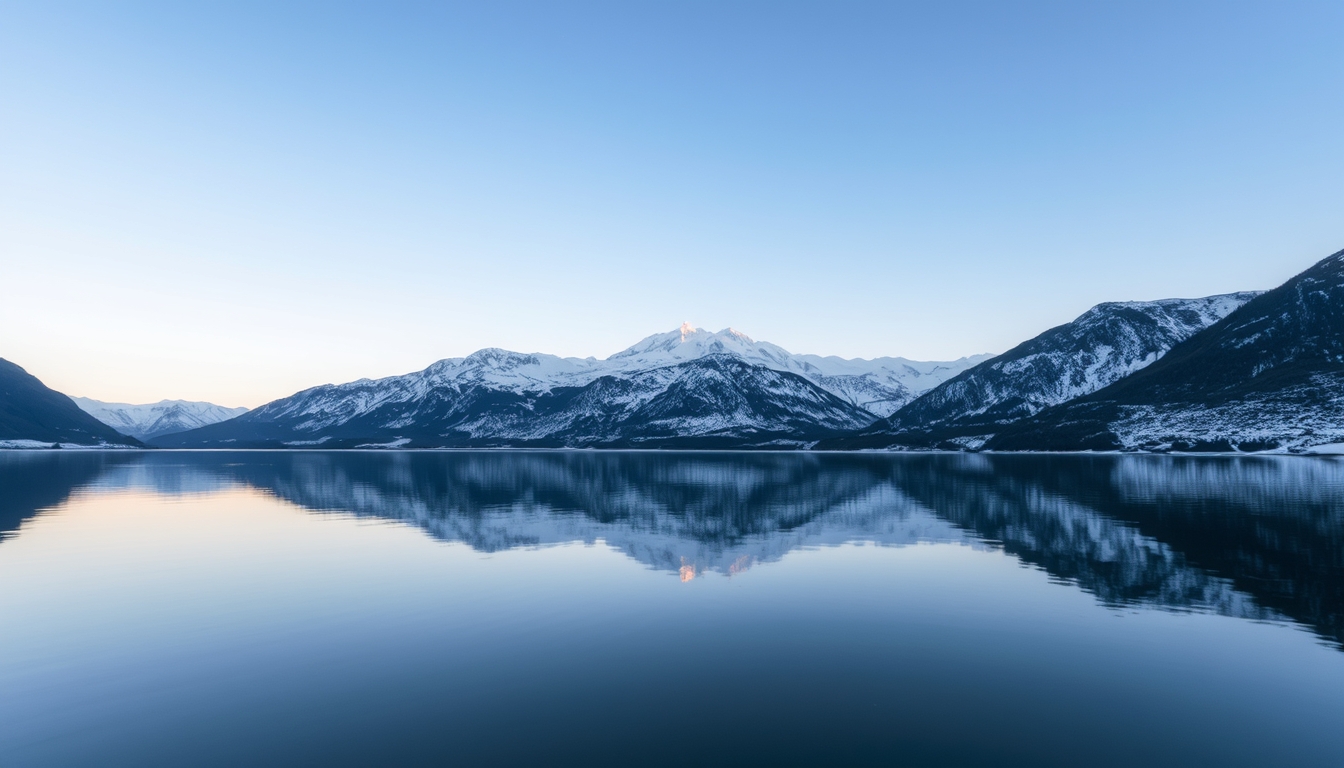 A glassy lake reflecting a snow-capped mountain range at dawn. - Image