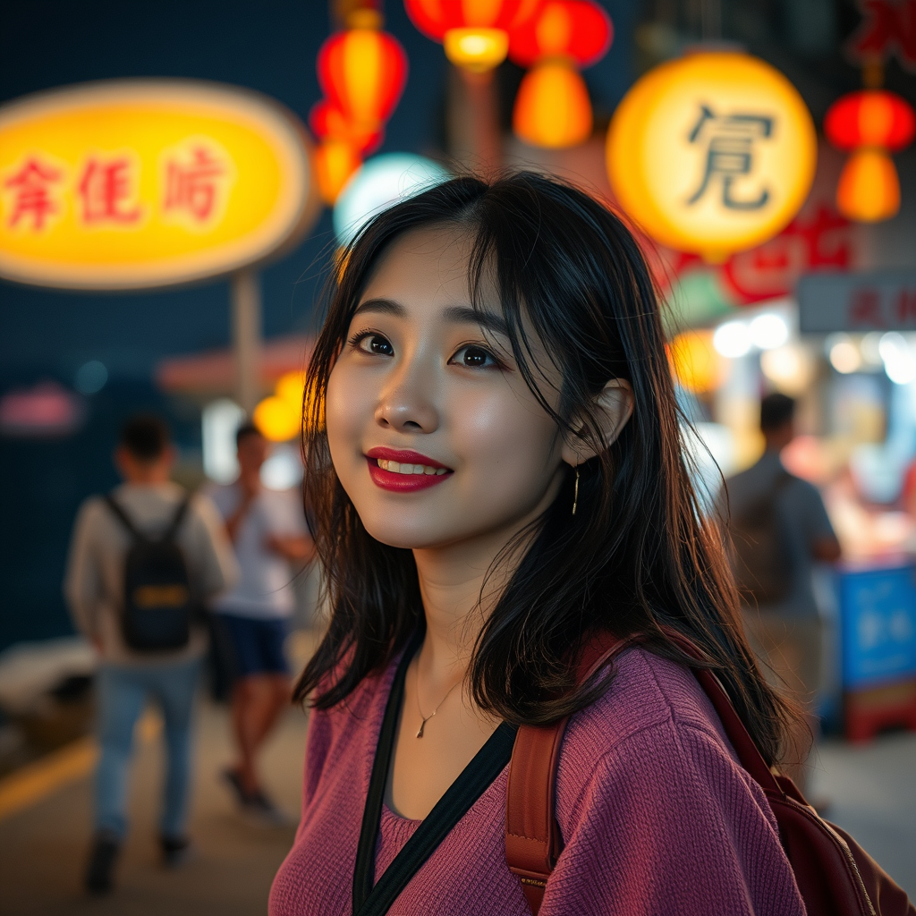 🌌 **Island at Night**: "Korean young woman experiencing nightlife, sea stroll, night market, unique charm of Cheung Chau Island at night, photorealistic style" - Image