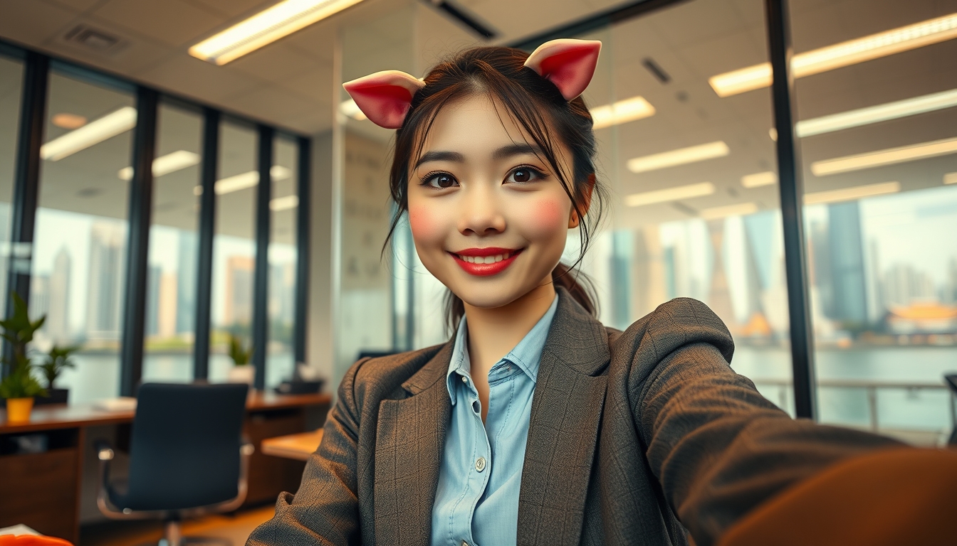 An Asian girl sitting in an office for a selfie, the subject style is warm colors and the picture details should be complete, the background behind the office is the Bund in Shanghai and the girl has a pig face makeup on!