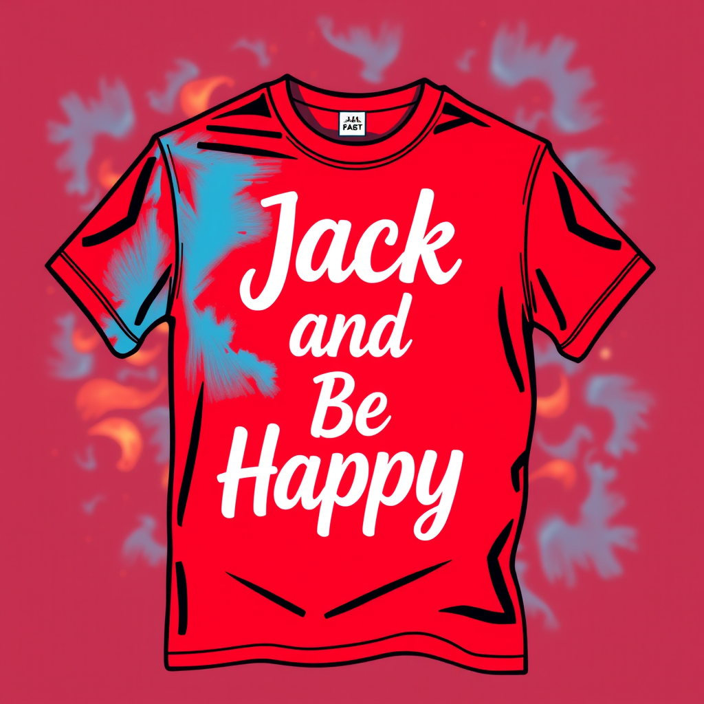 A happy vibrant shirt with deep red colors, with light blue and burning embers as beautiful contrasts with the text: "Jack and Be Happy". - Image