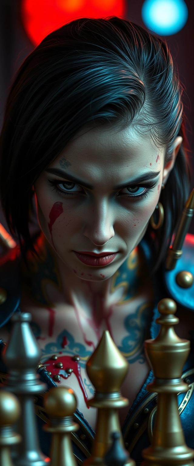 Close-up chess shot of () as a real Persian woman having face, chest, and neck tattoos and a sad face with short hair and lip gloss. She appears to be in a dark and eerie setting with red and blue lights in the background. The character has dark hair and is wearing blue and gold armor with spikes on her shoulders. Her face is covered in blood and grime, and her eyes are dark and piercing. She has a serious expression on her face and her mouth is slightly open, as if she is about to speak. The overall mood of the image is dark and foreboding. - Image