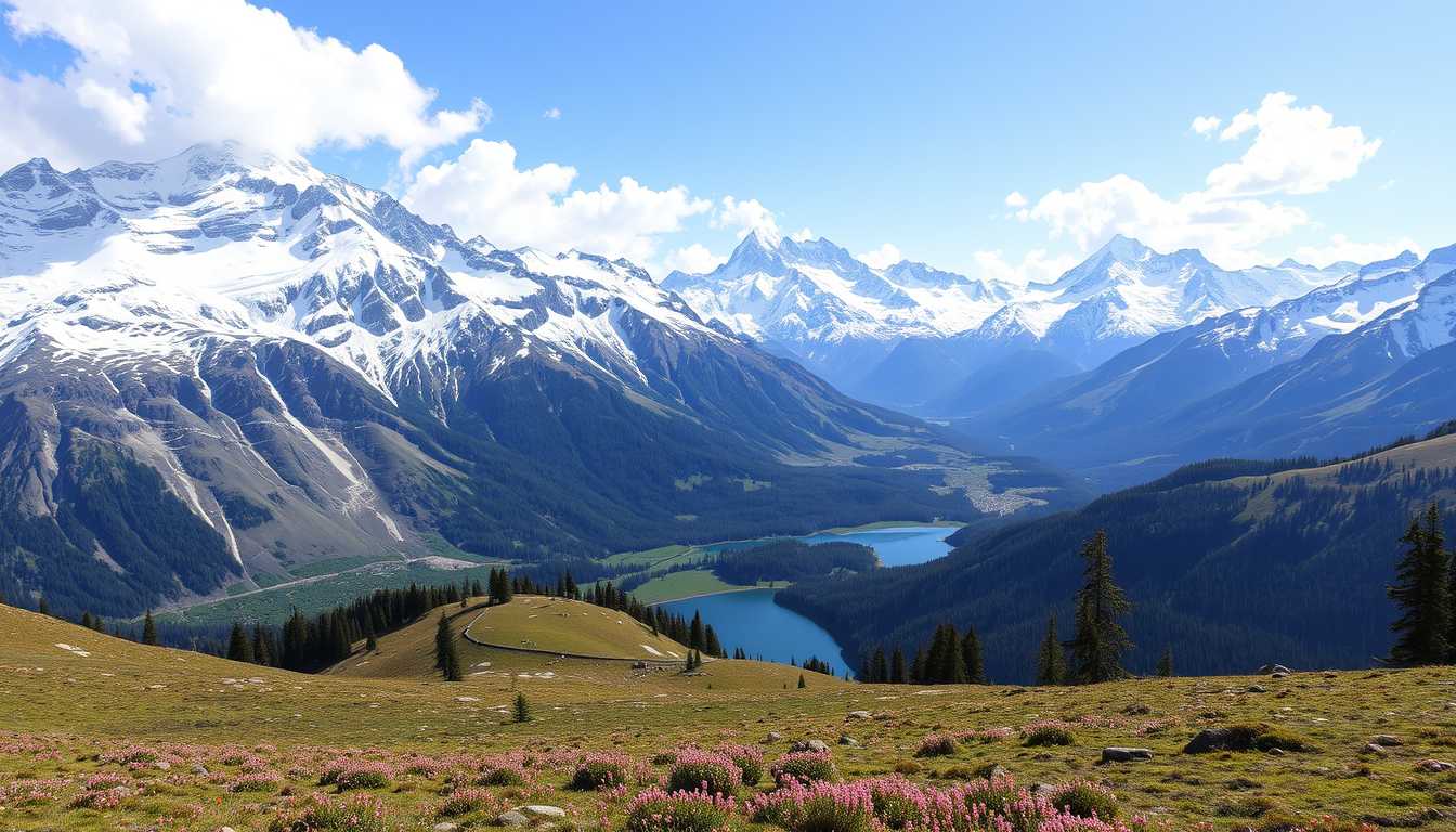 Majestic, snow-covered peaks, alpine meadows, serene, high quality, photorealistic, mountain range, crystal-clear lakes, untouched wilderness, panoramic, breathtaking, nature's beauty::0.8 mountaineering, hiking trails, wildflowers, mountaintop vistas, glaciers, fresh mountain air - Image