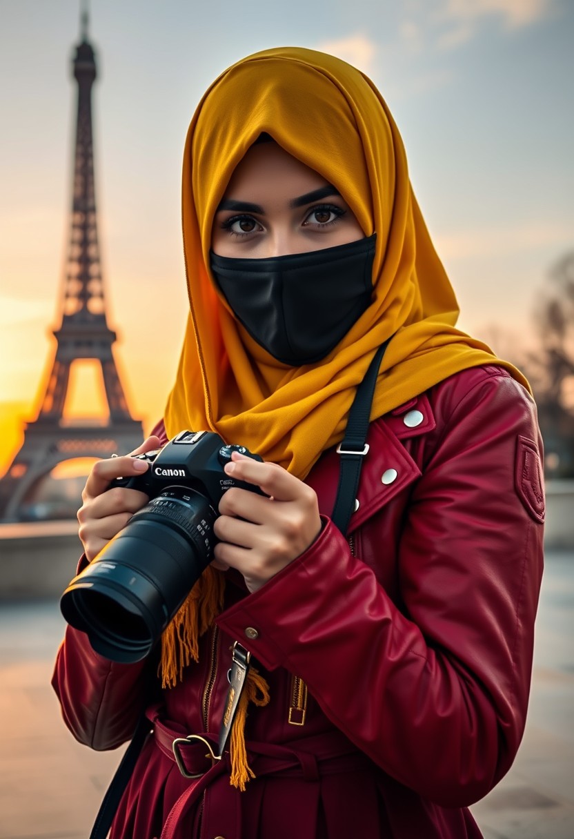 Biggest hijab yellow Muslim girl, beautiful eyes, face mask black, red leather jacket, biggest skirt, holding DSLR Canon camera, sunrise, morning scenery, Eiffel Tower, hyper-realistic, street photography.