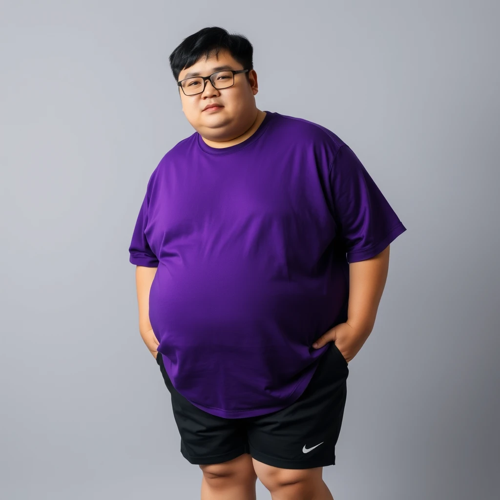 130kg fat Chinese boy, 20 years old, black glasses, small eyes, slightly curved short black hair, wearing a purple t-shirt and black shorts, Nike sneakers.